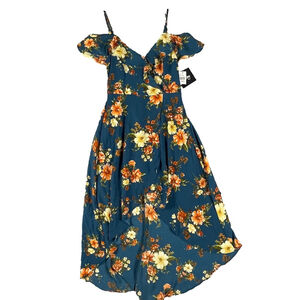 By & By NWT Women’s Floral High-Low Maxi Dress Teal Cold Shoulder Boho Ruffle XS